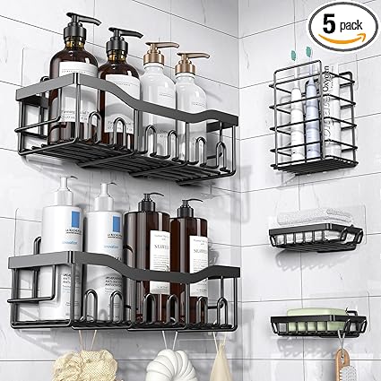 EUDELE Adhesive Shower Caddy, 5 Pack Rustproof Stainless Steel Bath Organizers With Large Capacity, No Drilling Shelves for Bathroom Storage & Home Decor